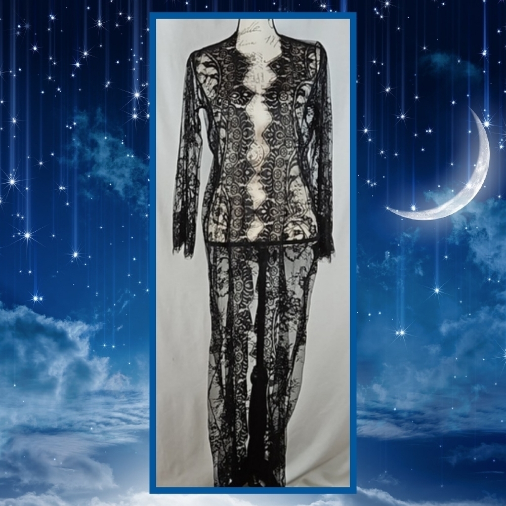 Eyelash Lace Sheer Longsleeve Long Open Lingerie Robe, Black Lace, M